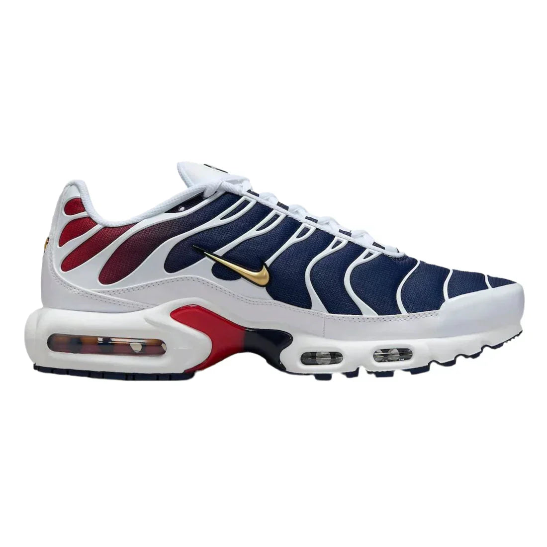  Air Max Plus Men's Shoes White Metallic Gold-Obsidian-Team Red PSG